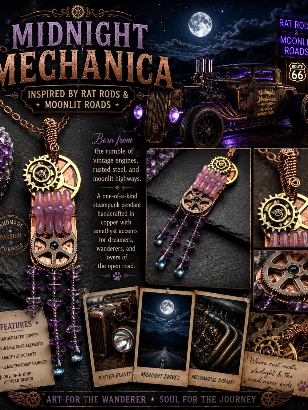 Steampunk Amethyst Gemstone Statement Pendant Purple Beaded Fringe Necklace